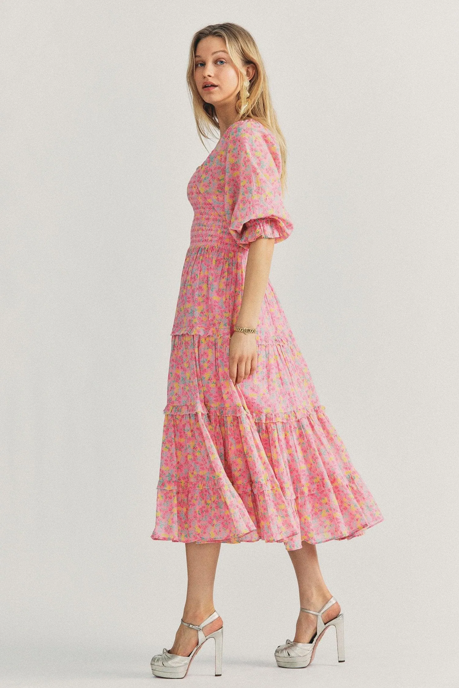 Capri tiered shirred floral-print midi dress in Melon Punch
