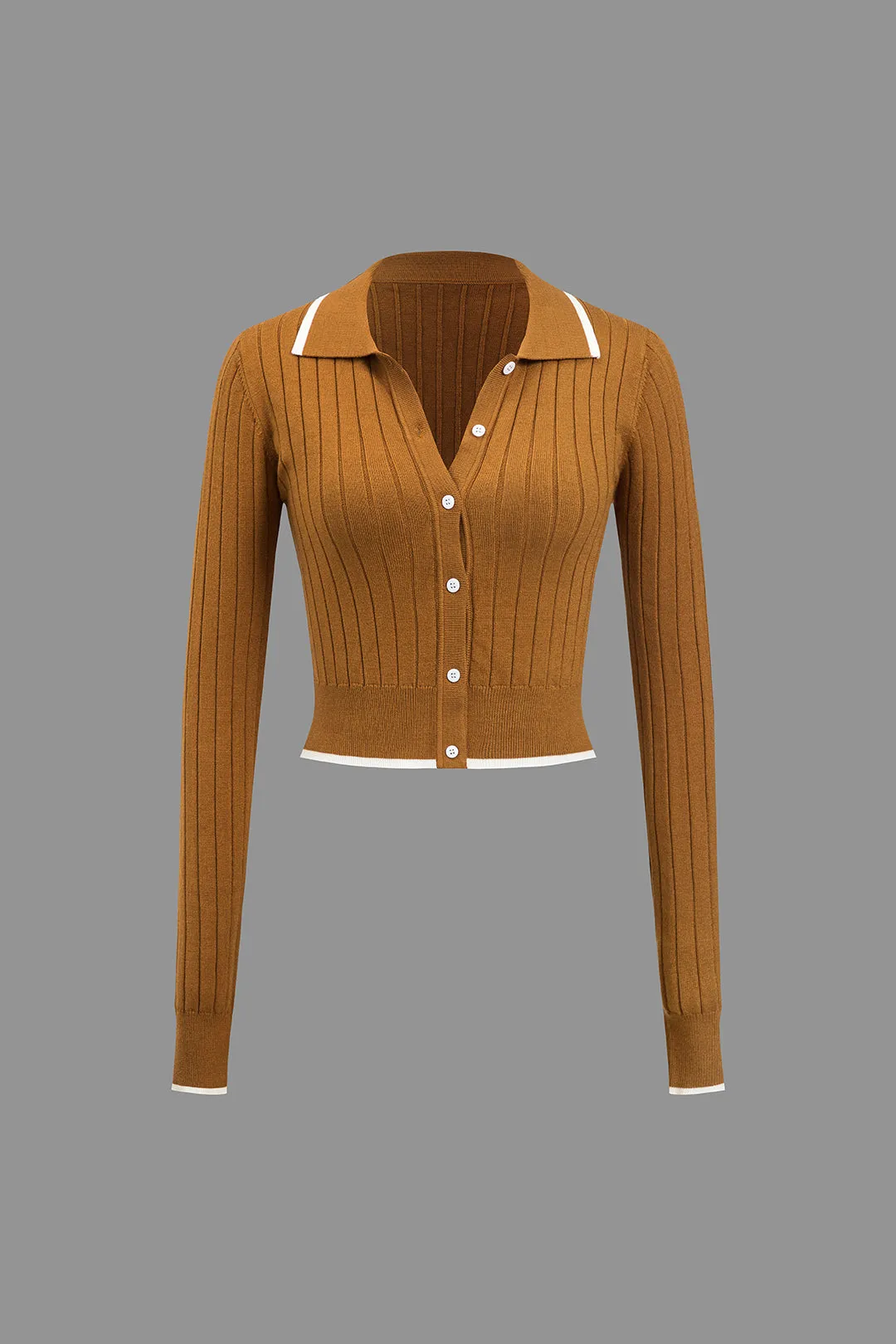 Color Block Print Knit Button Long-Sleeve Top
