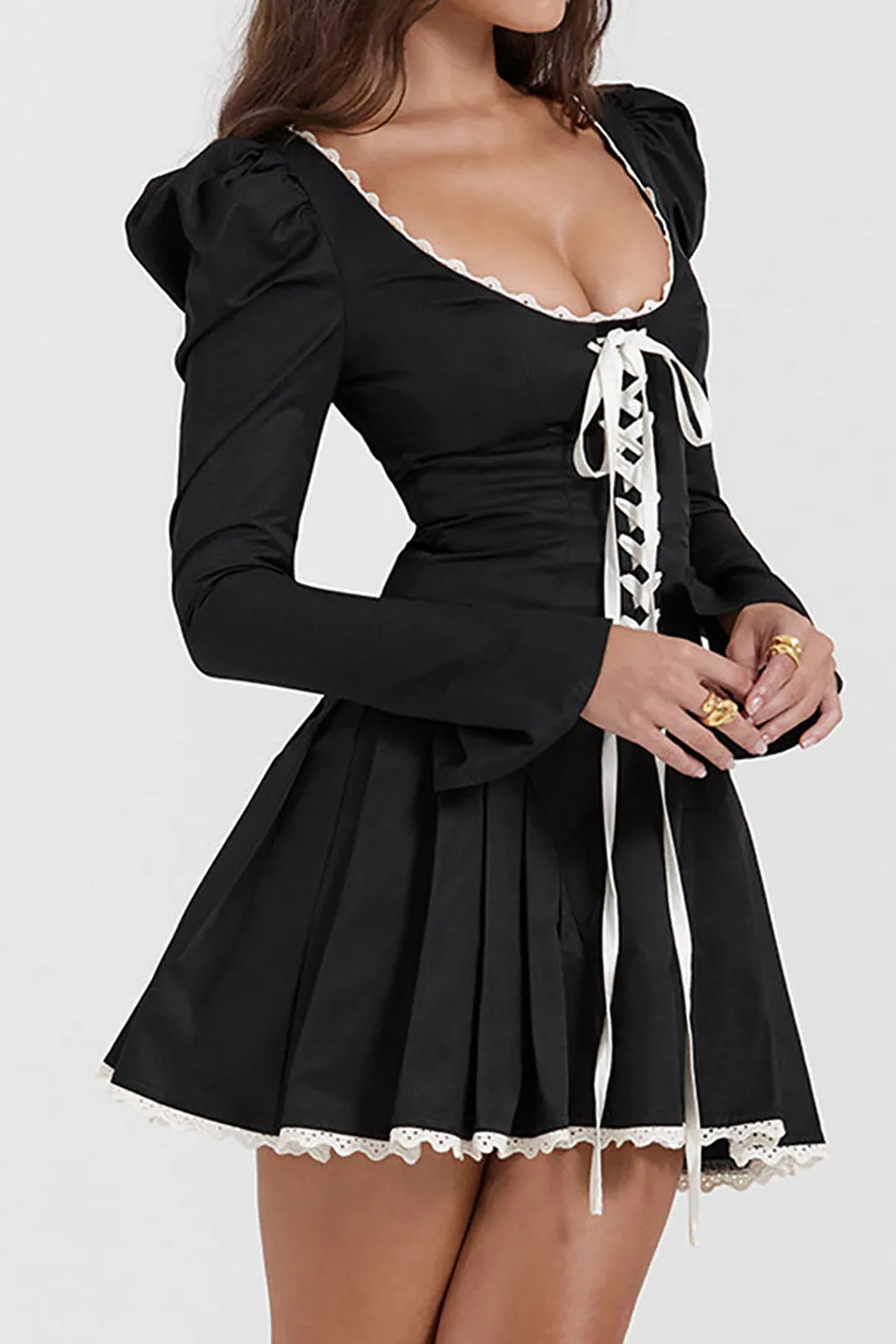 Color Block Scallop Edge Braided Eyelet Mini Dress