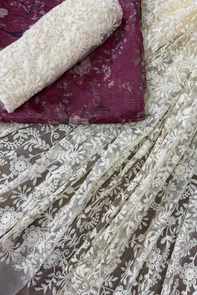 Cream and Maroon Unstitched Lehenga Set Fabric (3 Piece)