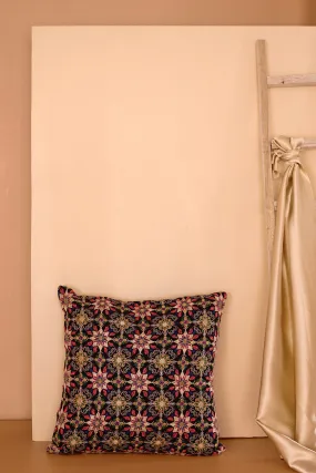 Elegant Floral Embroidery on Black cotton Cushion Cover (16*16 inches)