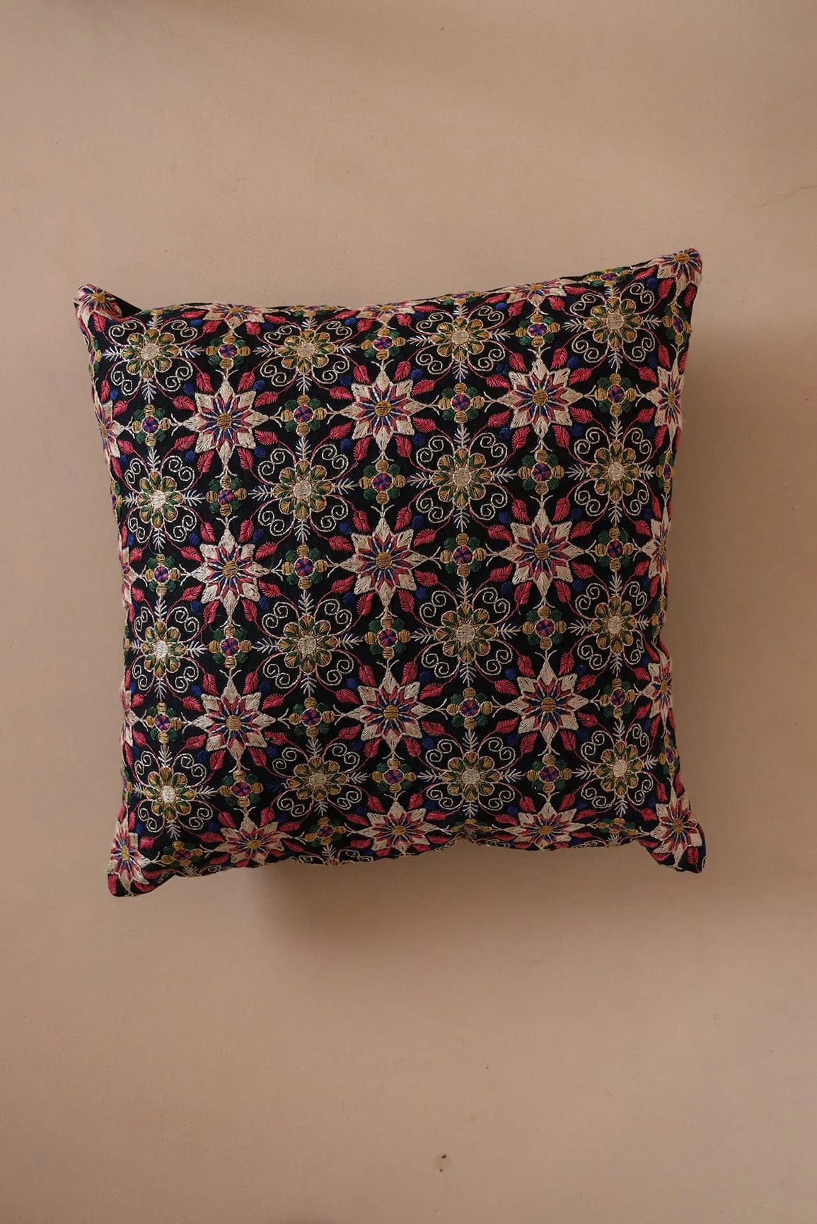 Elegant Floral Embroidery on Black cotton Cushion Cover (16*16 inches)