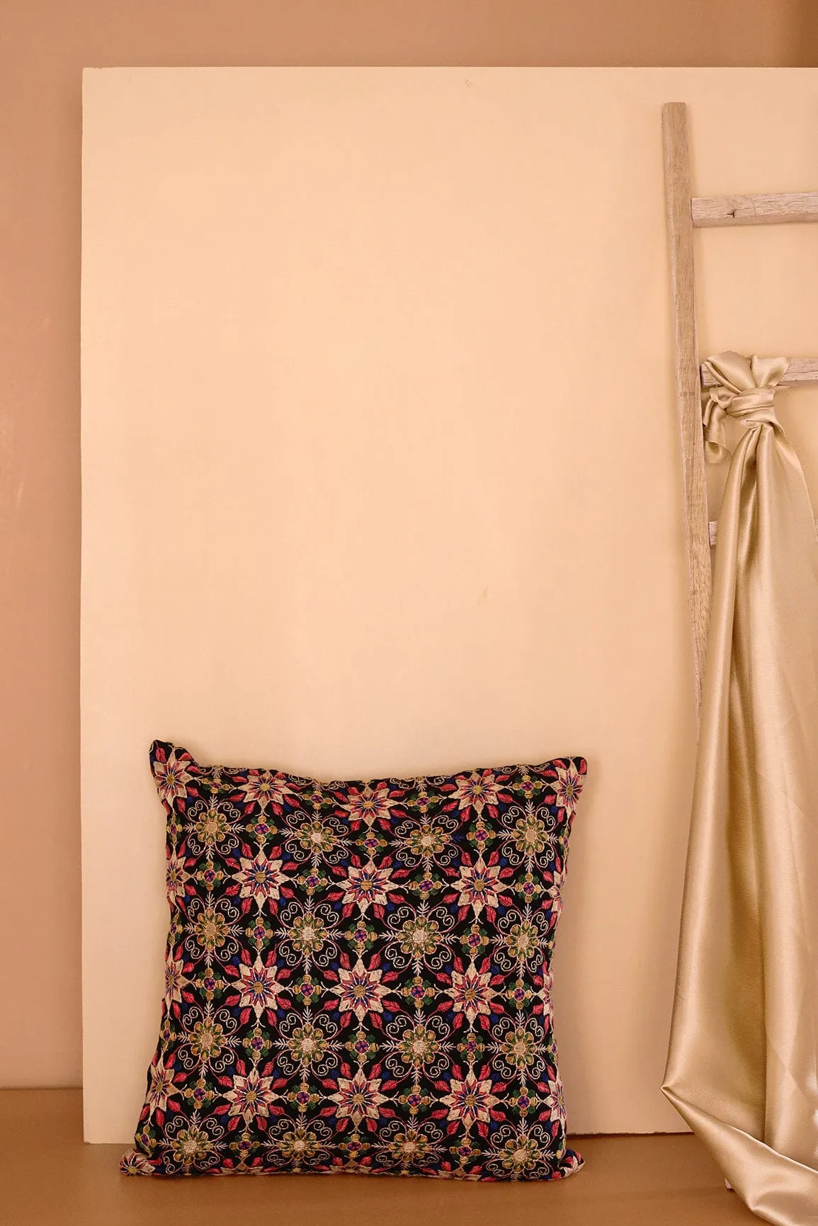 Elegant Floral Embroidery on Black cotton Cushion Cover (16*16 inches)