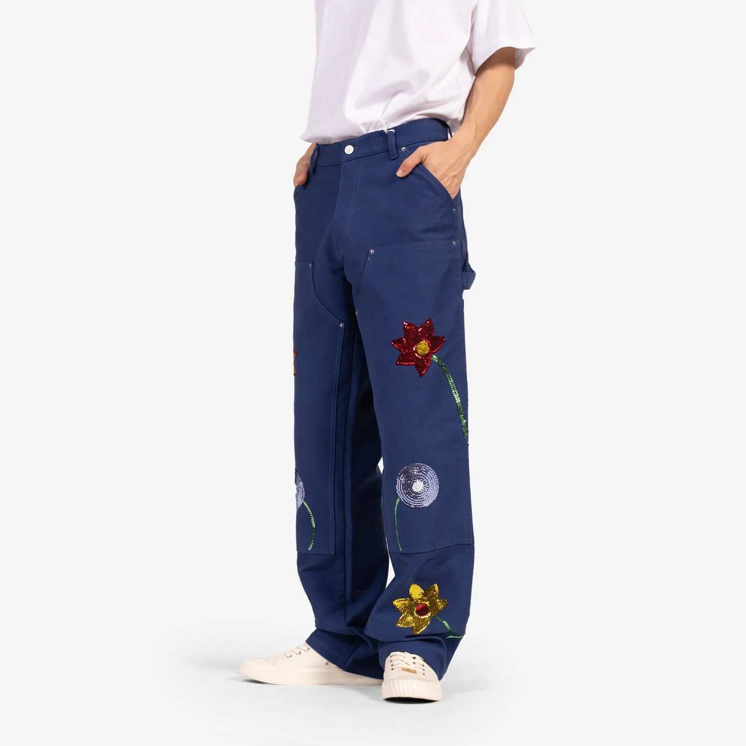 Embroidered Workwear Denim Double Knee Pants Blue