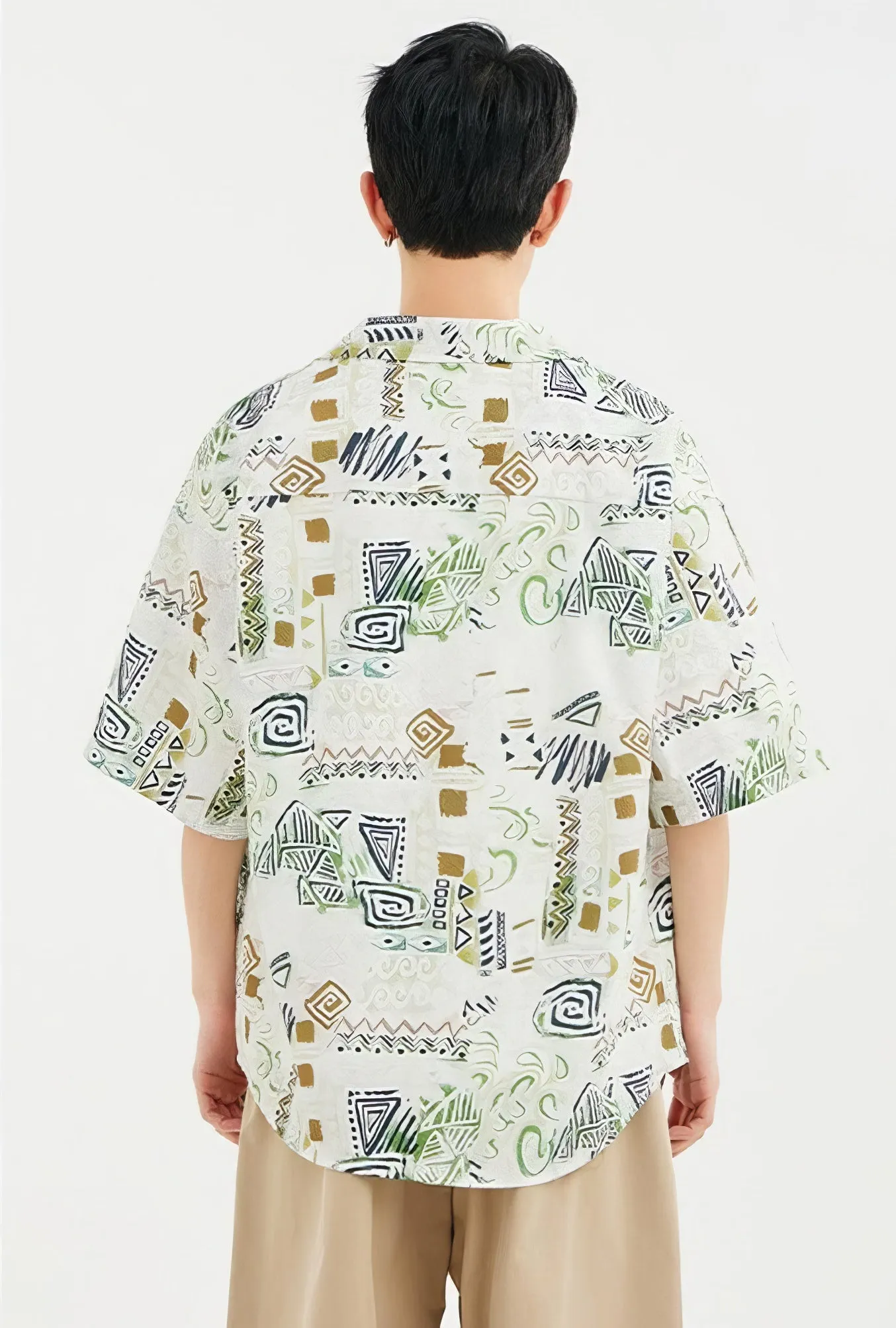 Ethnic Print Short Sleeve Button-Up Shirt