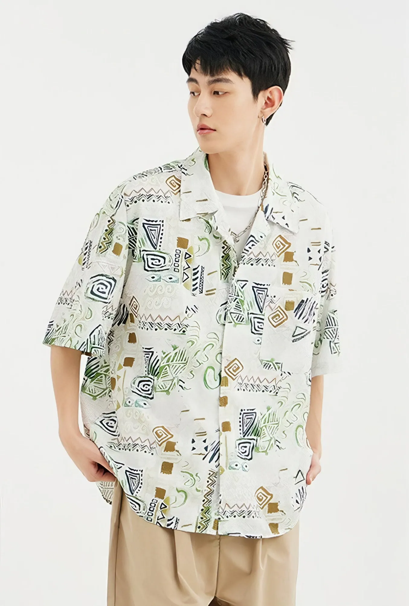 Ethnic Print Short Sleeve Button-Up Shirt