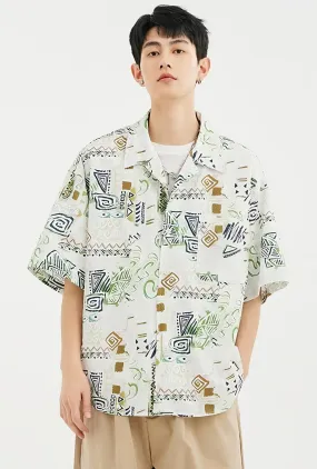 Ethnic Print Short Sleeve Button-Up Shirt