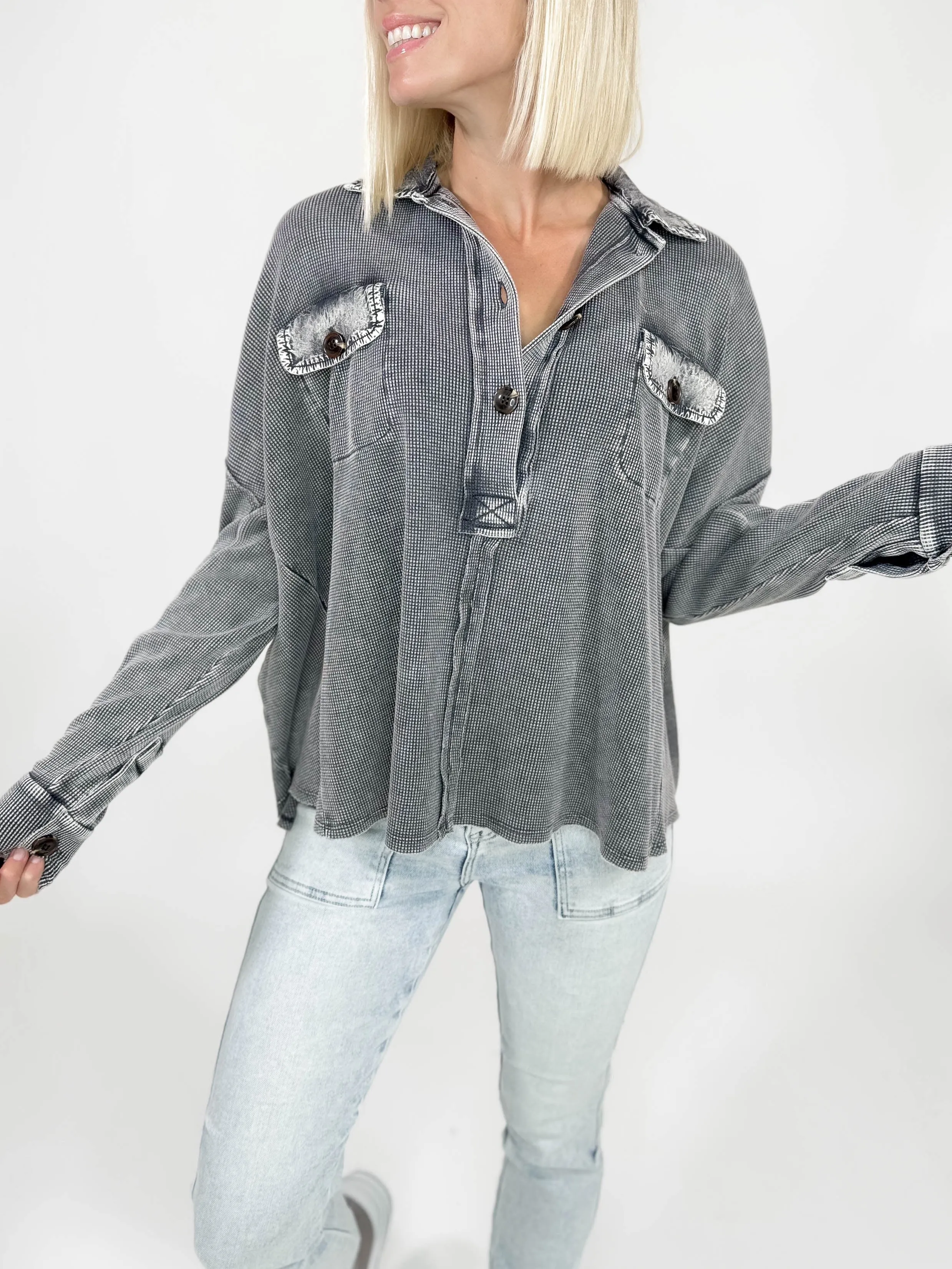 Farley Waffle Pullover- CHARCOAL