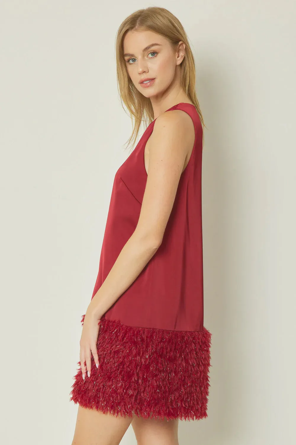 Feather Fringe Deep Red Dress