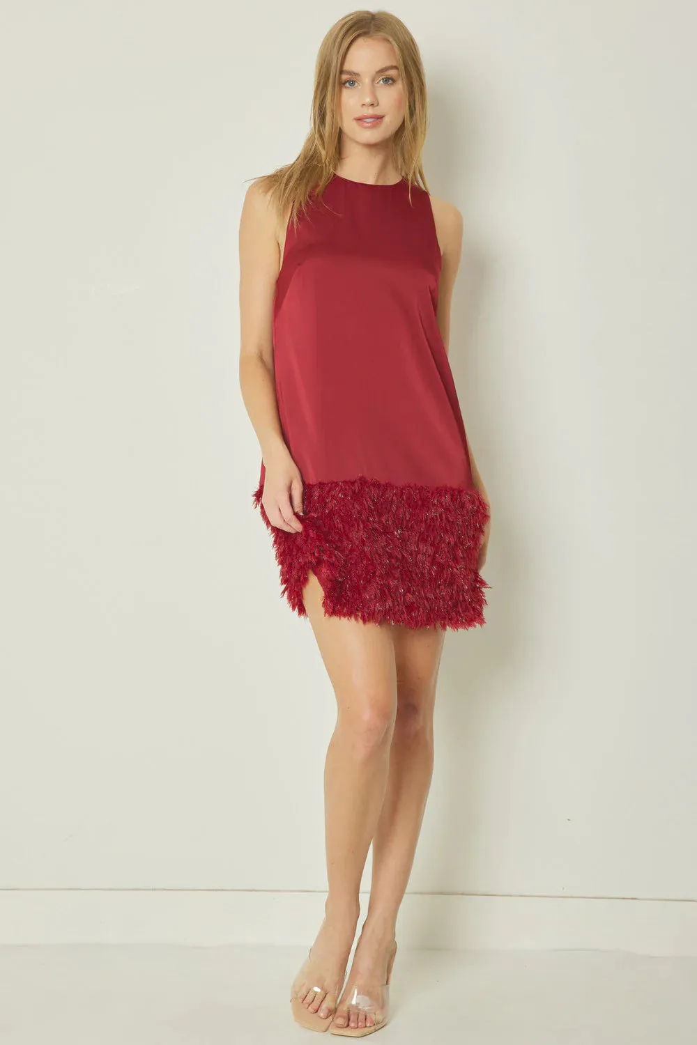 Feather Fringe Deep Red Dress