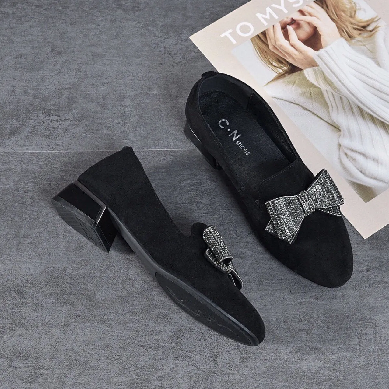 Frosted rhinestone comfortable low-heeled shoes