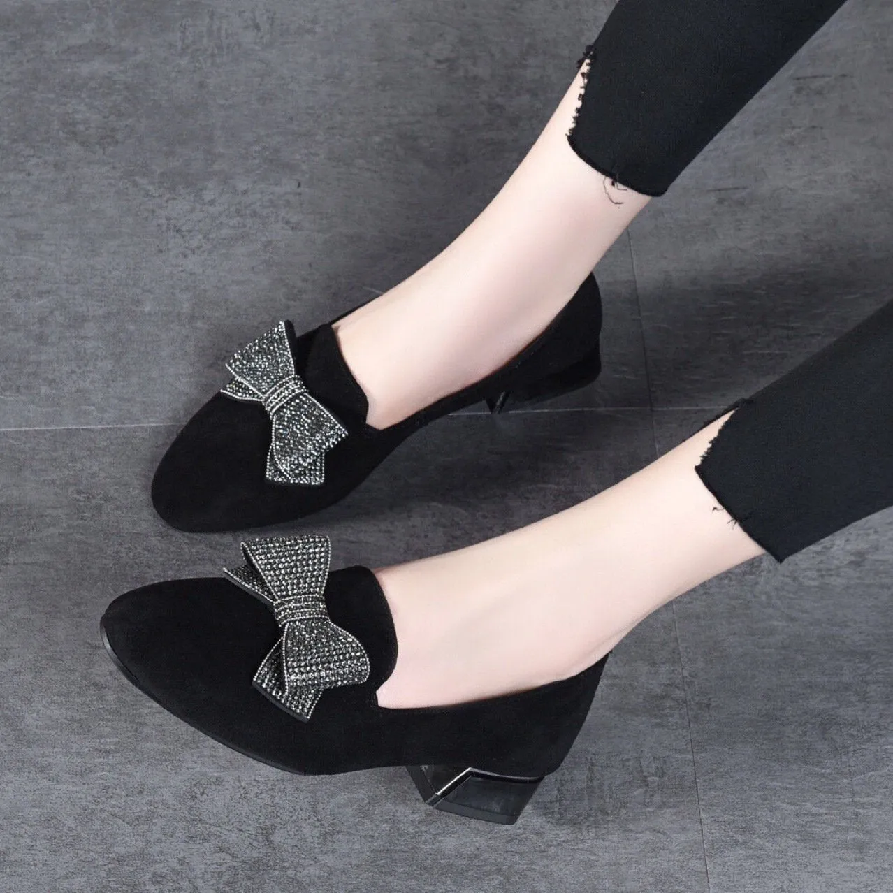 Frosted rhinestone comfortable low-heeled shoes