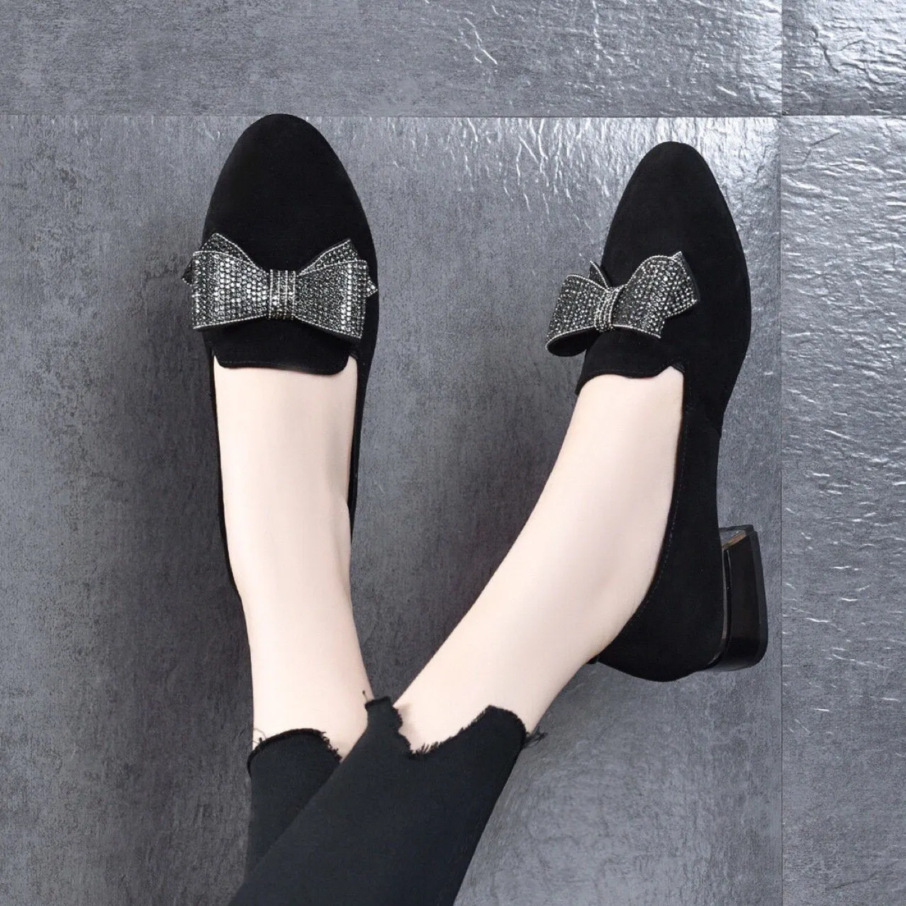 Frosted rhinestone comfortable low-heeled shoes