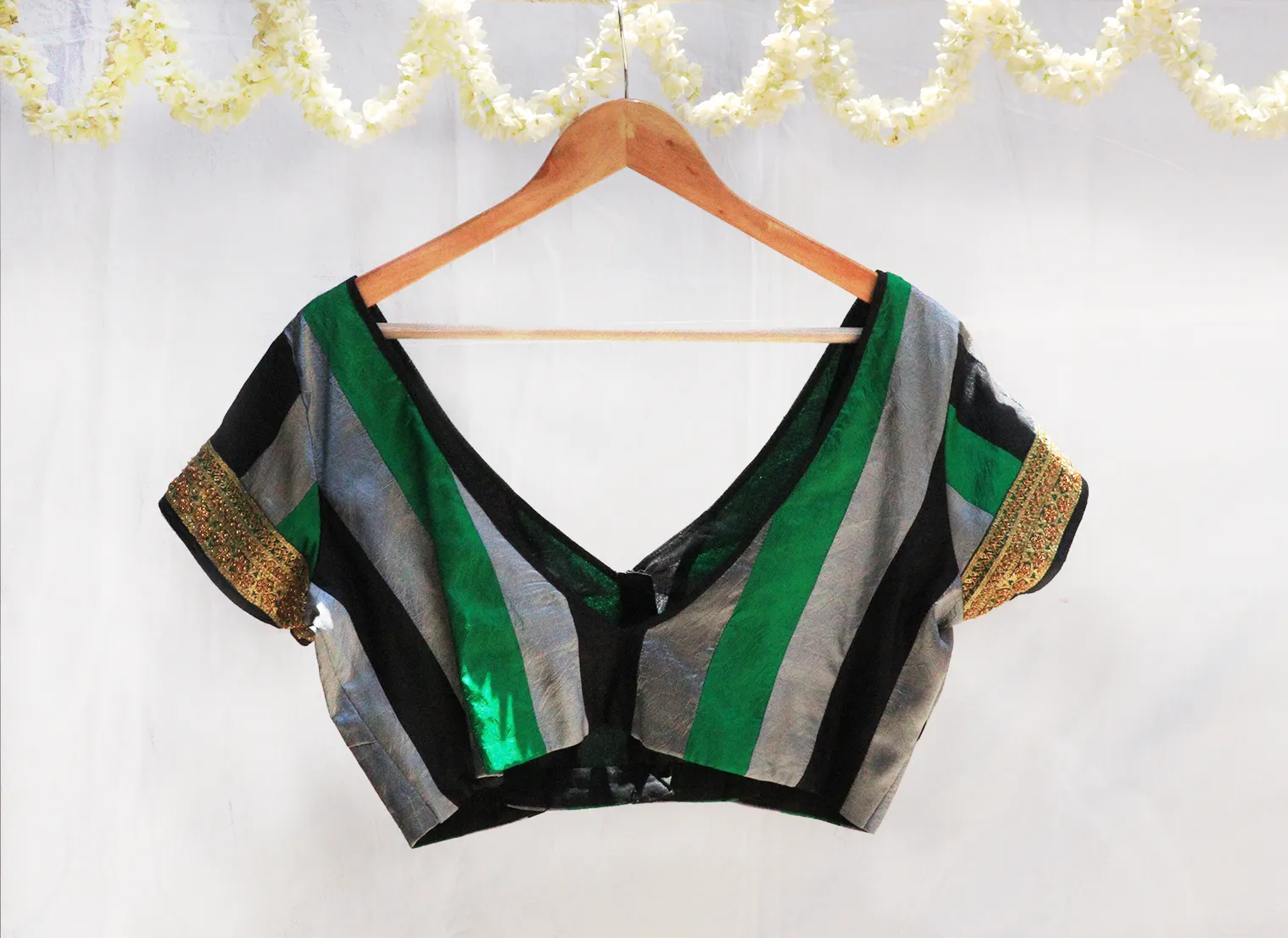 Green, Grey and Black, Karnataka silk, Hand embroidery ,Patchwork blouse