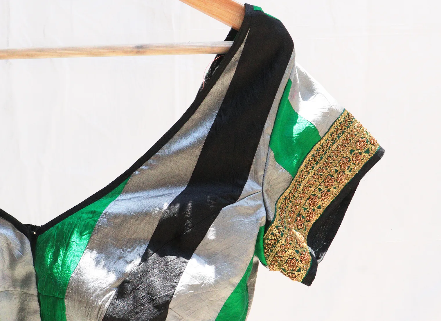 Green, Grey and Black, Karnataka silk, Hand embroidery ,Patchwork blouse