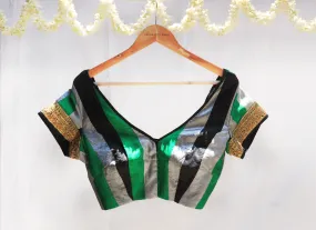 Green, Grey and Black, Karnataka silk, Hand embroidery ,Patchwork blouse