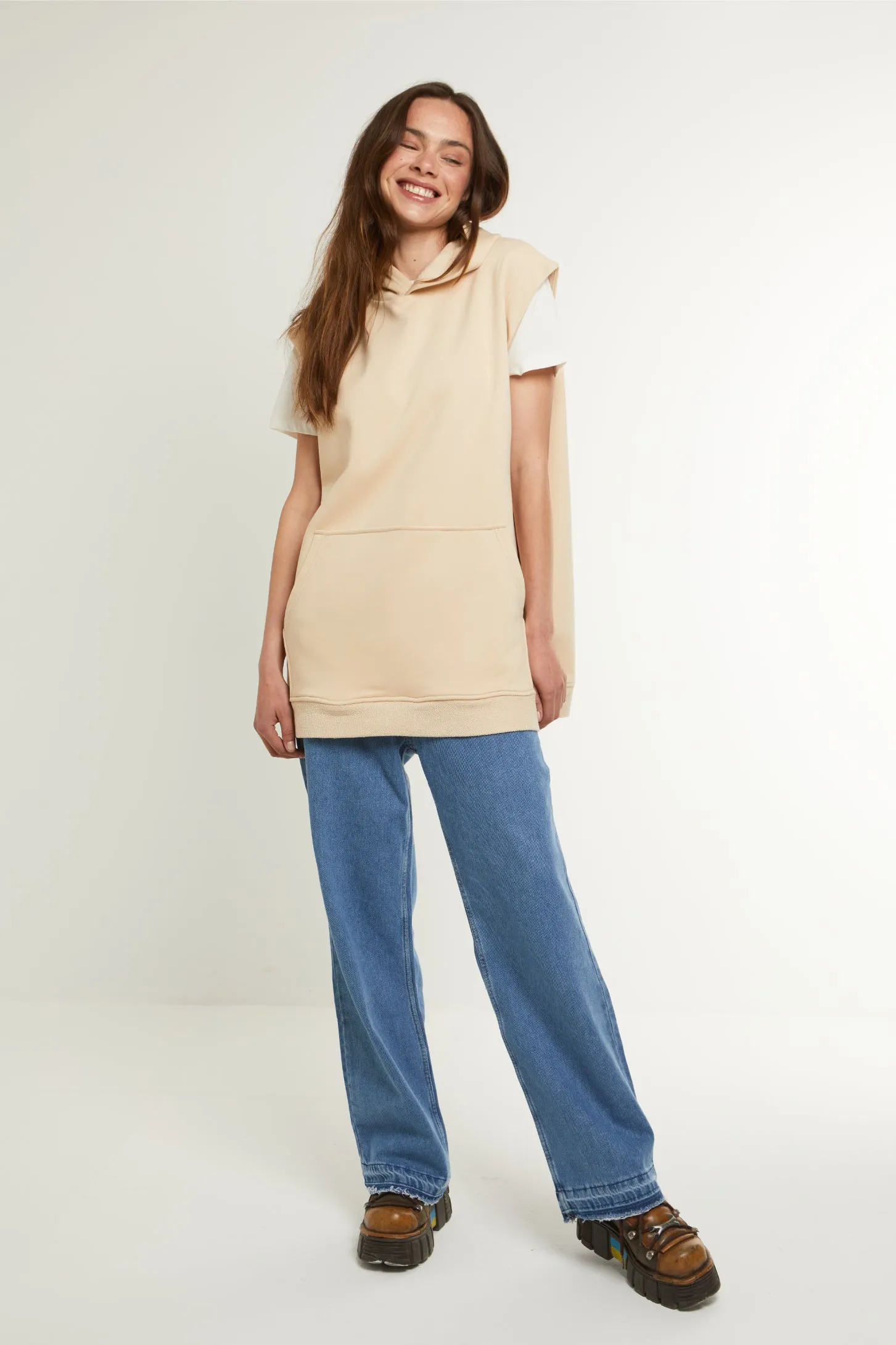 HOODED OVERSIZED VEST - BEIGE
