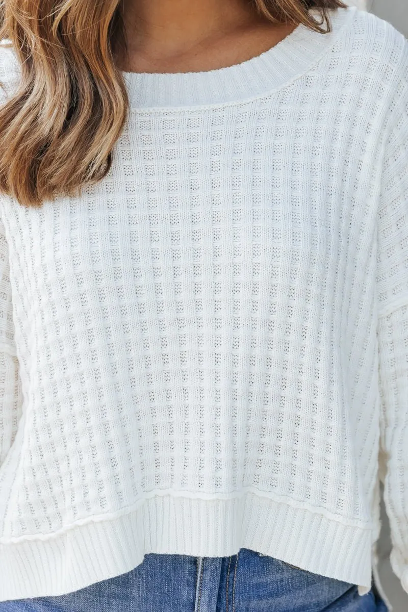 Ivory Crew Neck Waffle Knit Sweater