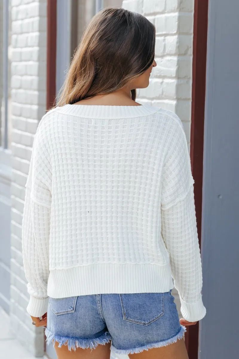 Ivory Crew Neck Waffle Knit Sweater