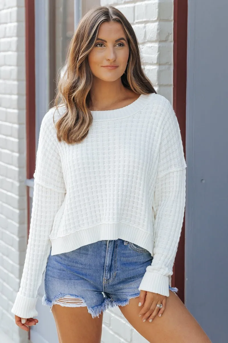 Ivory Crew Neck Waffle Knit Sweater
