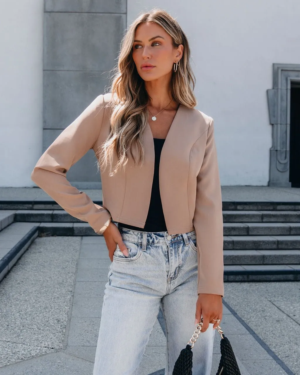 Khaki Collarless Open Front Blazer