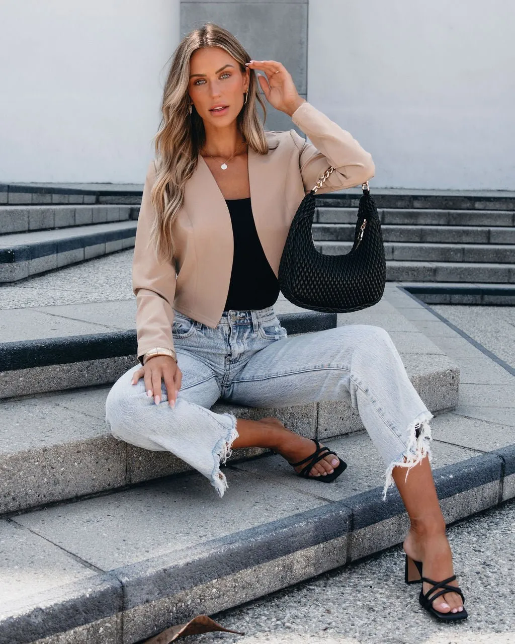 Khaki Collarless Open Front Blazer