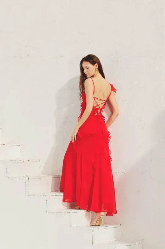 Lady In Red Ruffles & Slit Maxi Dress