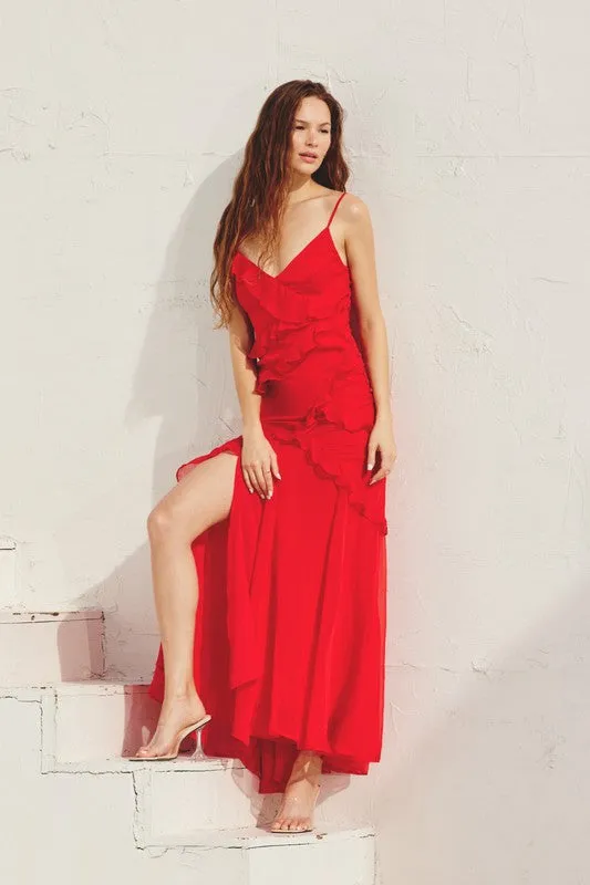 Lady In Red Ruffles & Slit Maxi Dress
