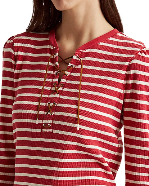 LAUREN RALPH LAUREN Striped Waffle-Knit Drawcord Top Red L