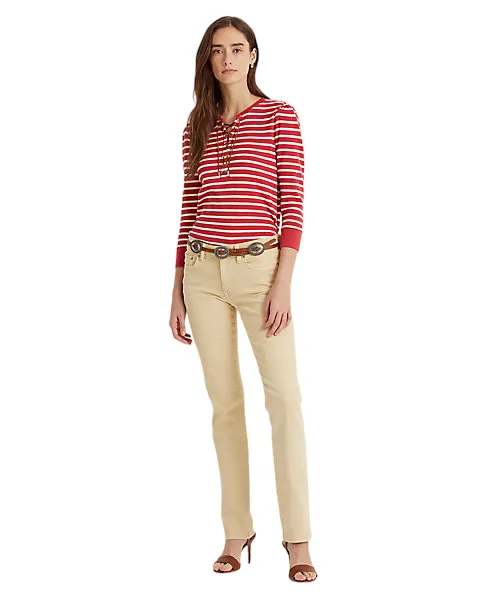 LAUREN RALPH LAUREN Striped Waffle-Knit Drawcord Top Red L