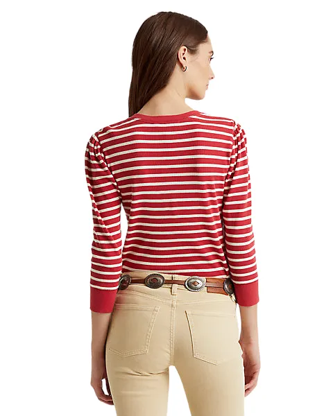 LAUREN RALPH LAUREN Striped Waffle-Knit Drawcord Top Red L
