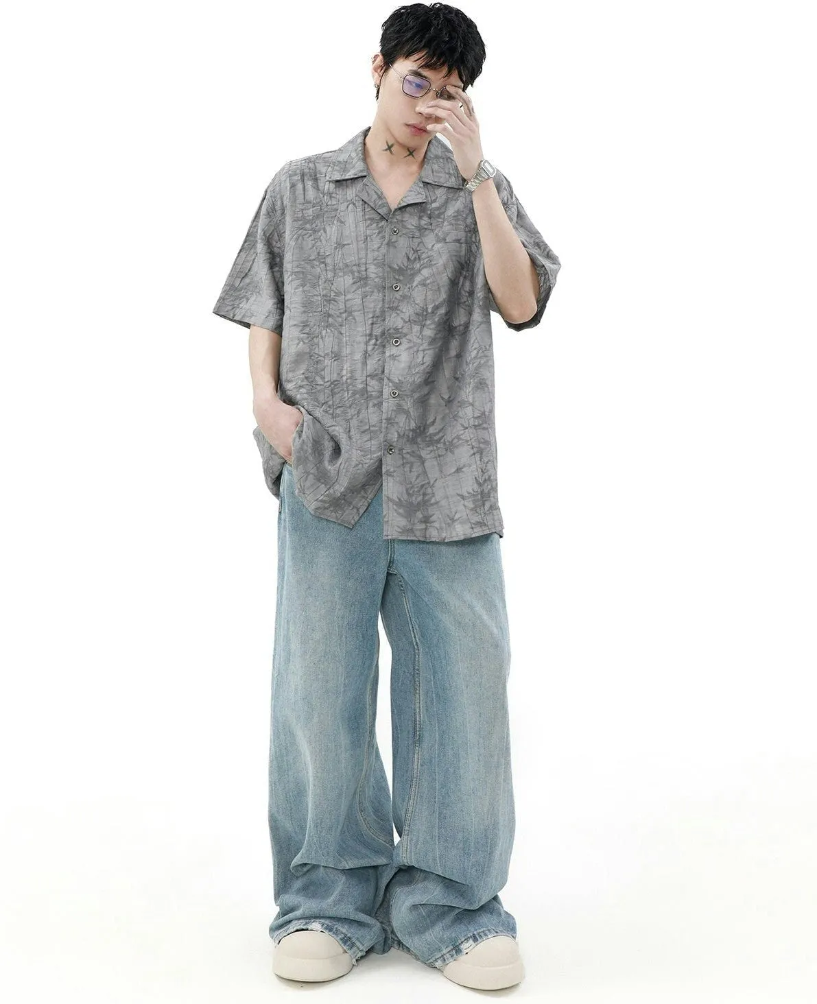 Leaves Pattern Short Sleeve Button-Up Shirt