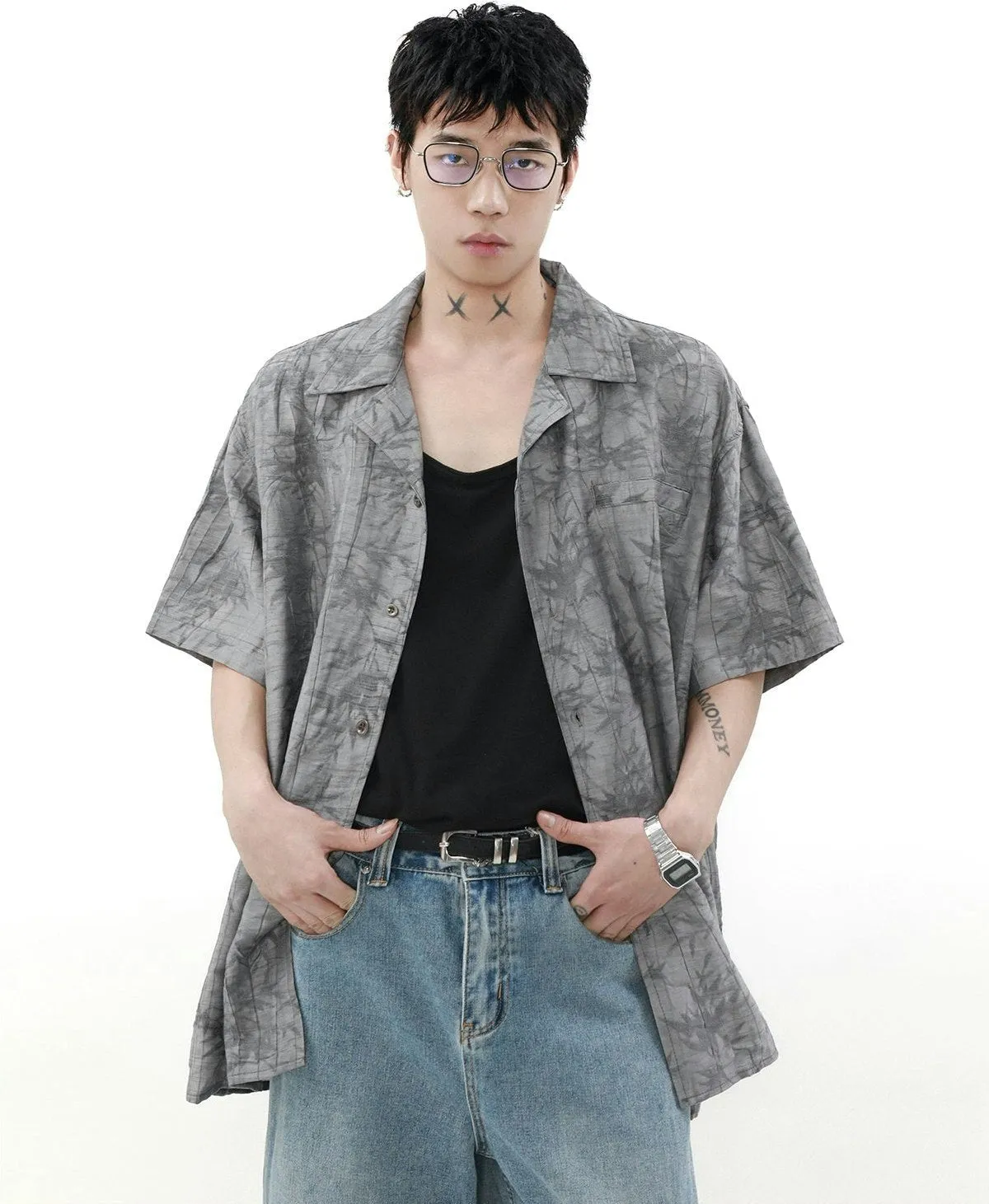 Leaves Pattern Short Sleeve Button-Up Shirt