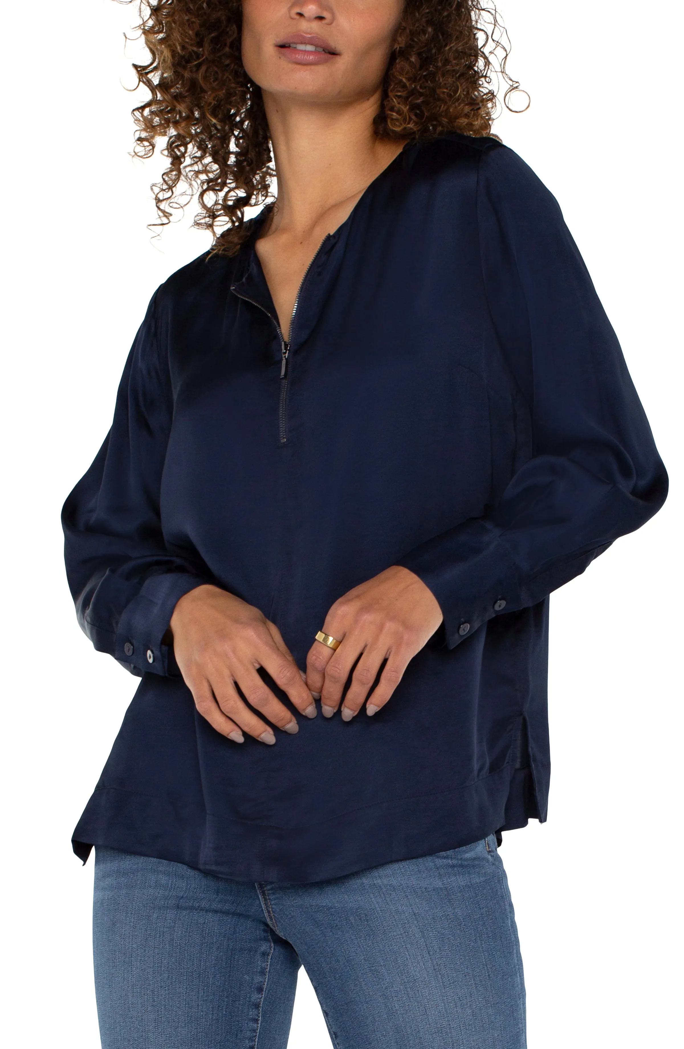 LONG SLEEVE WOVEN TOP WITH ZIP FRONT