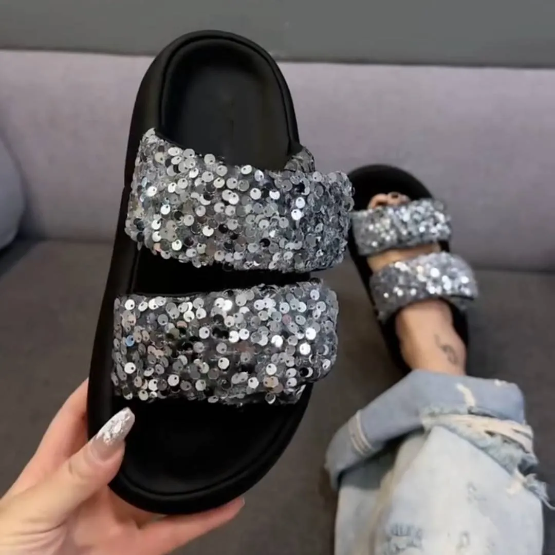 Luxurious sequined platform slippers