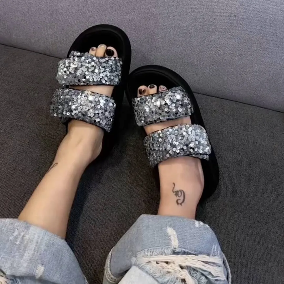 Luxurious sequined platform slippers