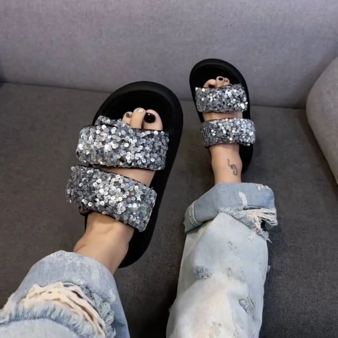 Luxurious sequined platform slippers