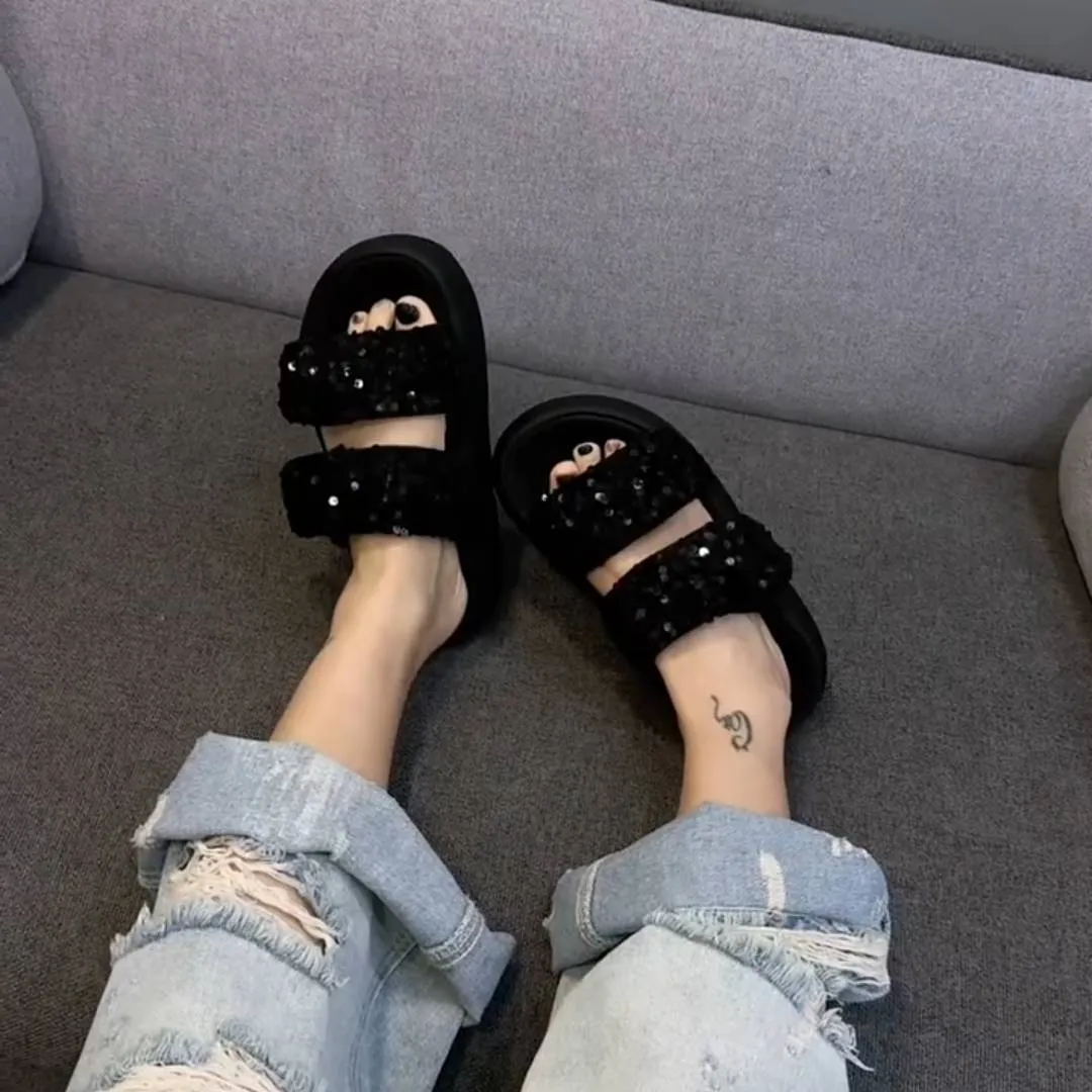 Luxurious sequined platform slippers