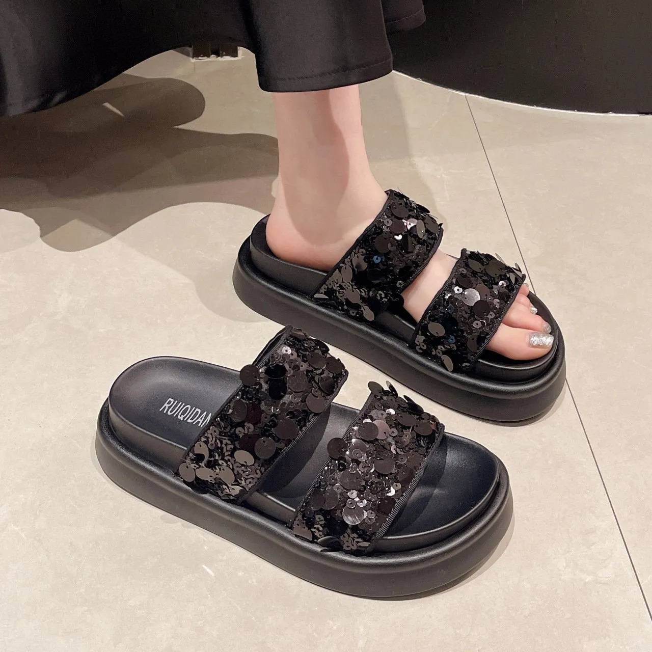 Luxurious sequined platform slippers