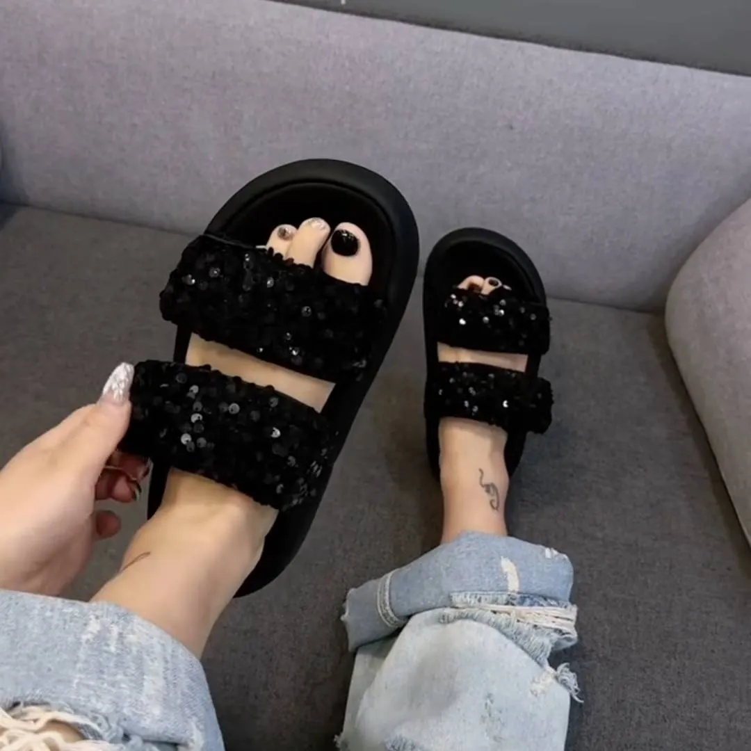 Luxurious sequined platform slippers