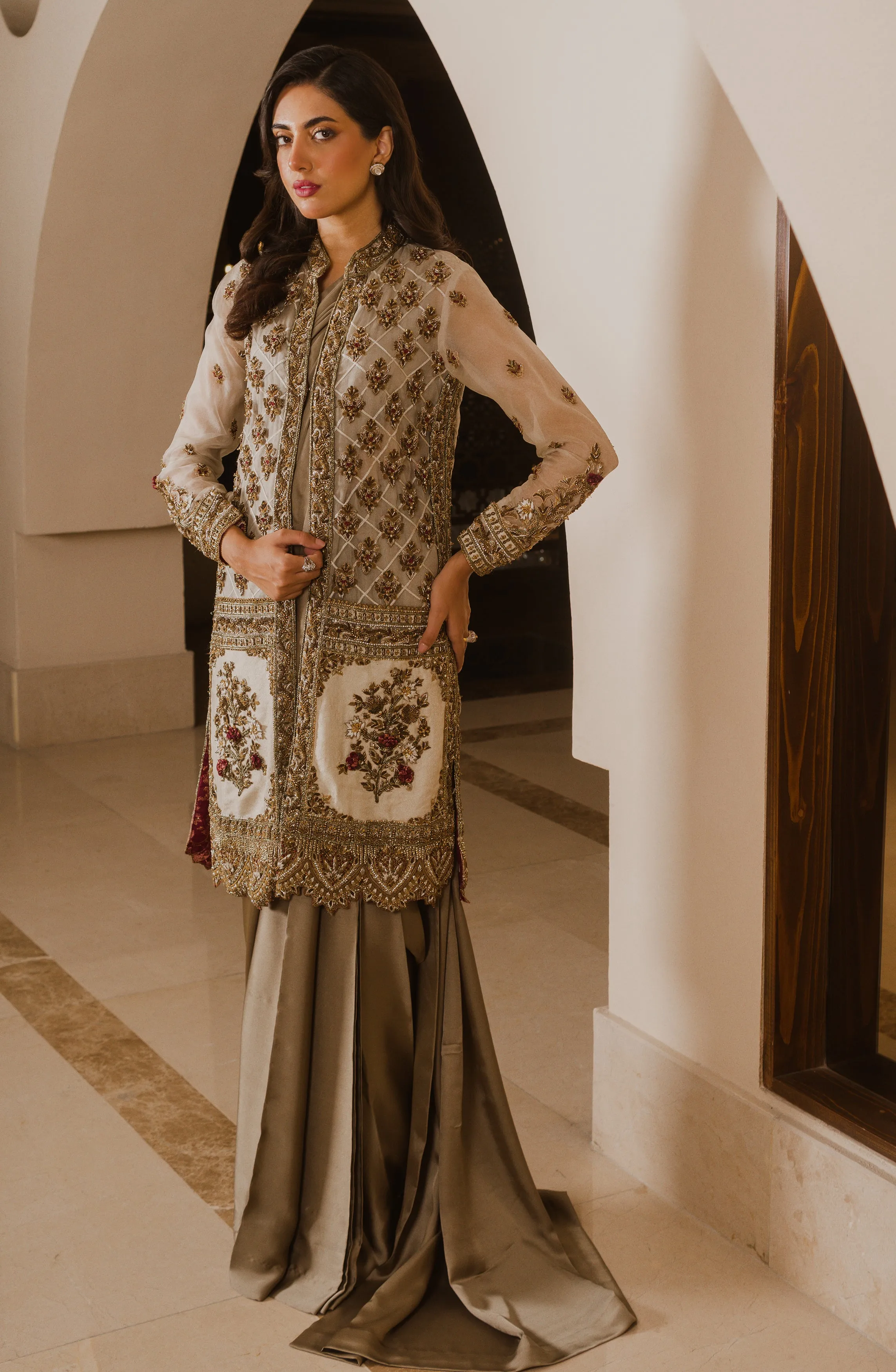Luxus Glam – Olive Green Charmeuse Silk Saree Paired with embellished Organza Jacket