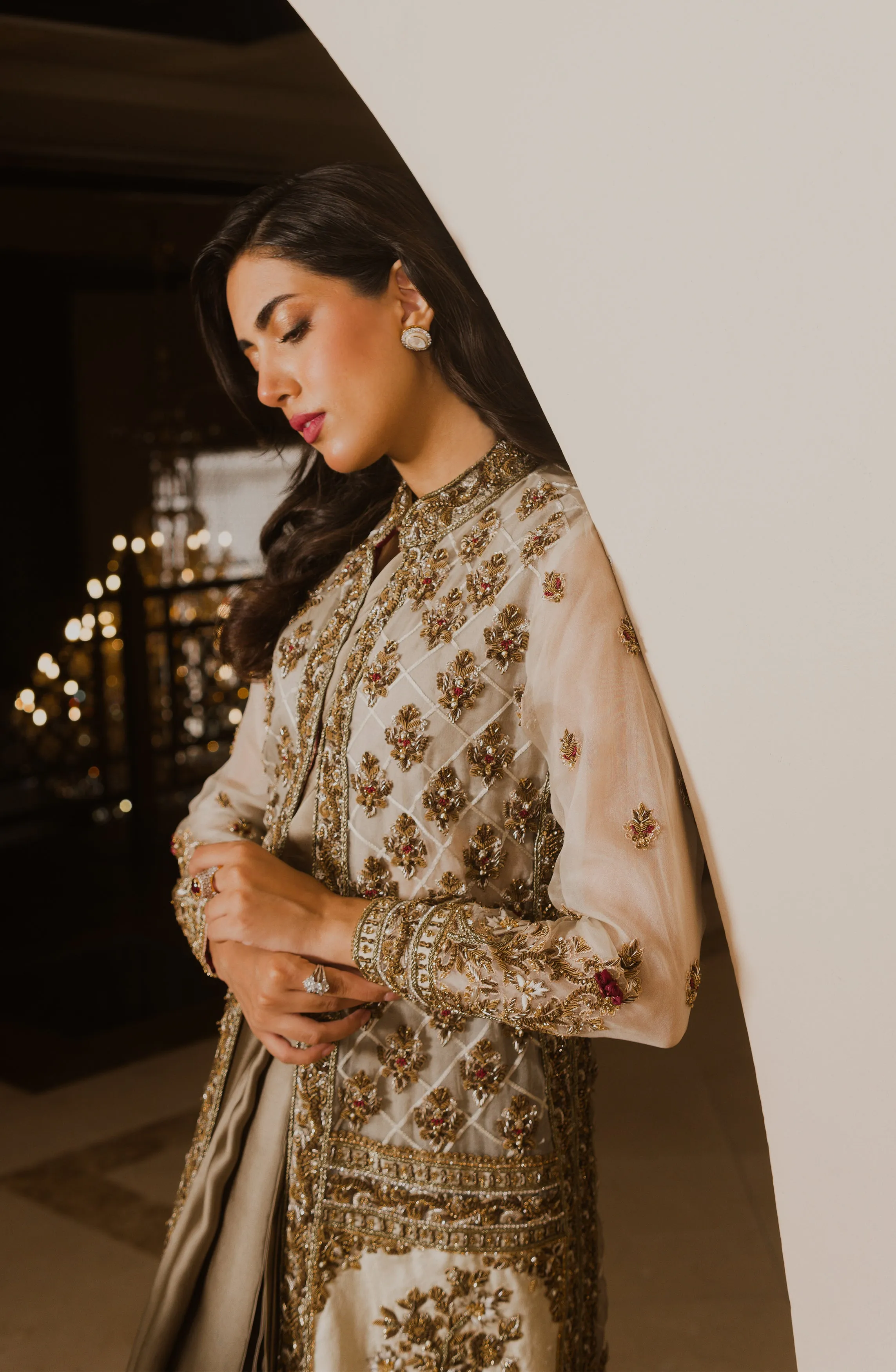 Luxus Glam – Olive Green Charmeuse Silk Saree Paired with embellished Organza Jacket