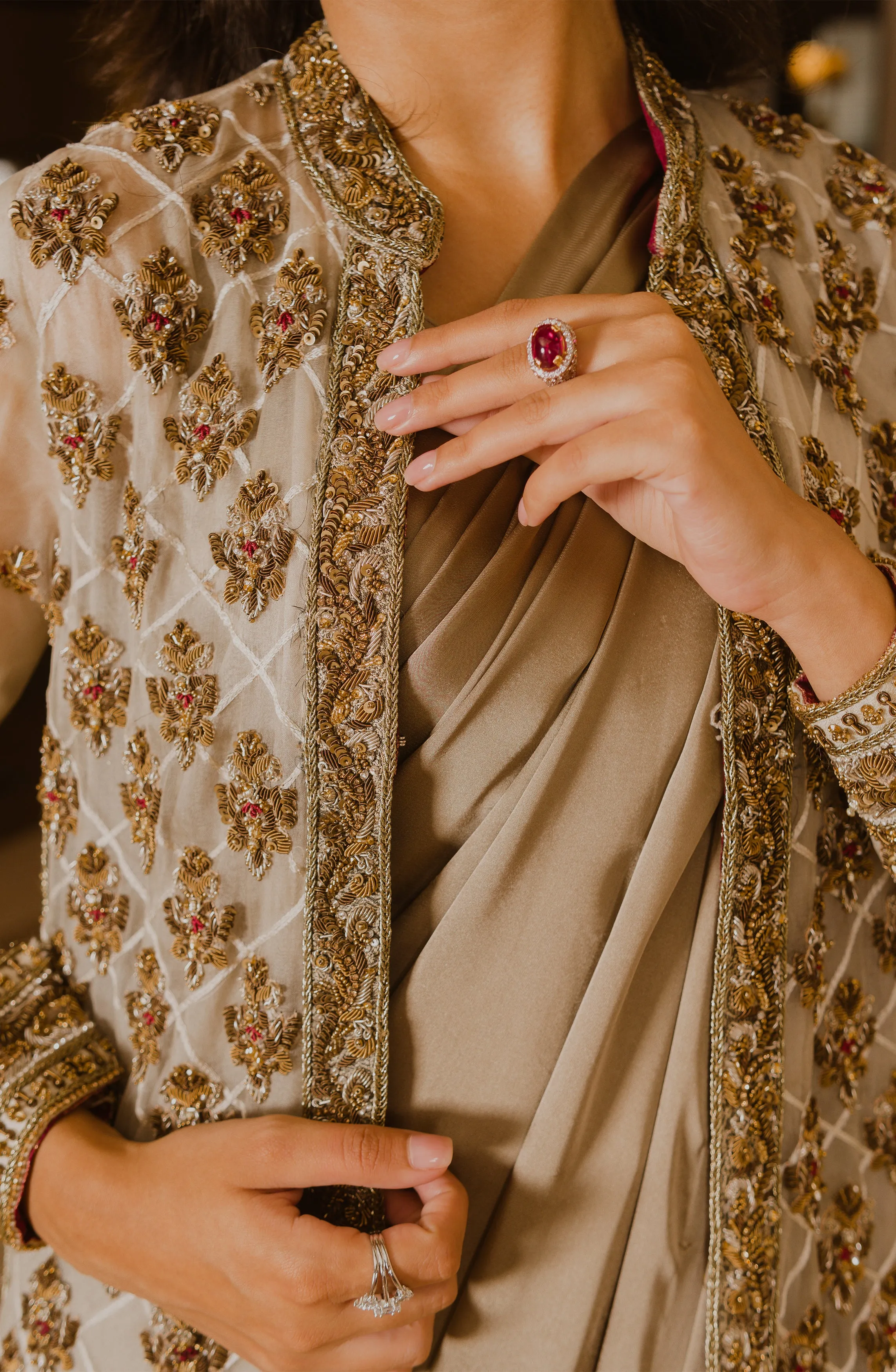 Luxus Glam – Olive Green Charmeuse Silk Saree Paired with embellished Organza Jacket
