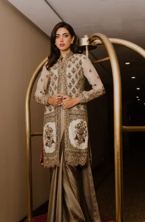 Luxus Glam – Olive Green Charmeuse Silk Saree Paired with embellished Organza Jacket
