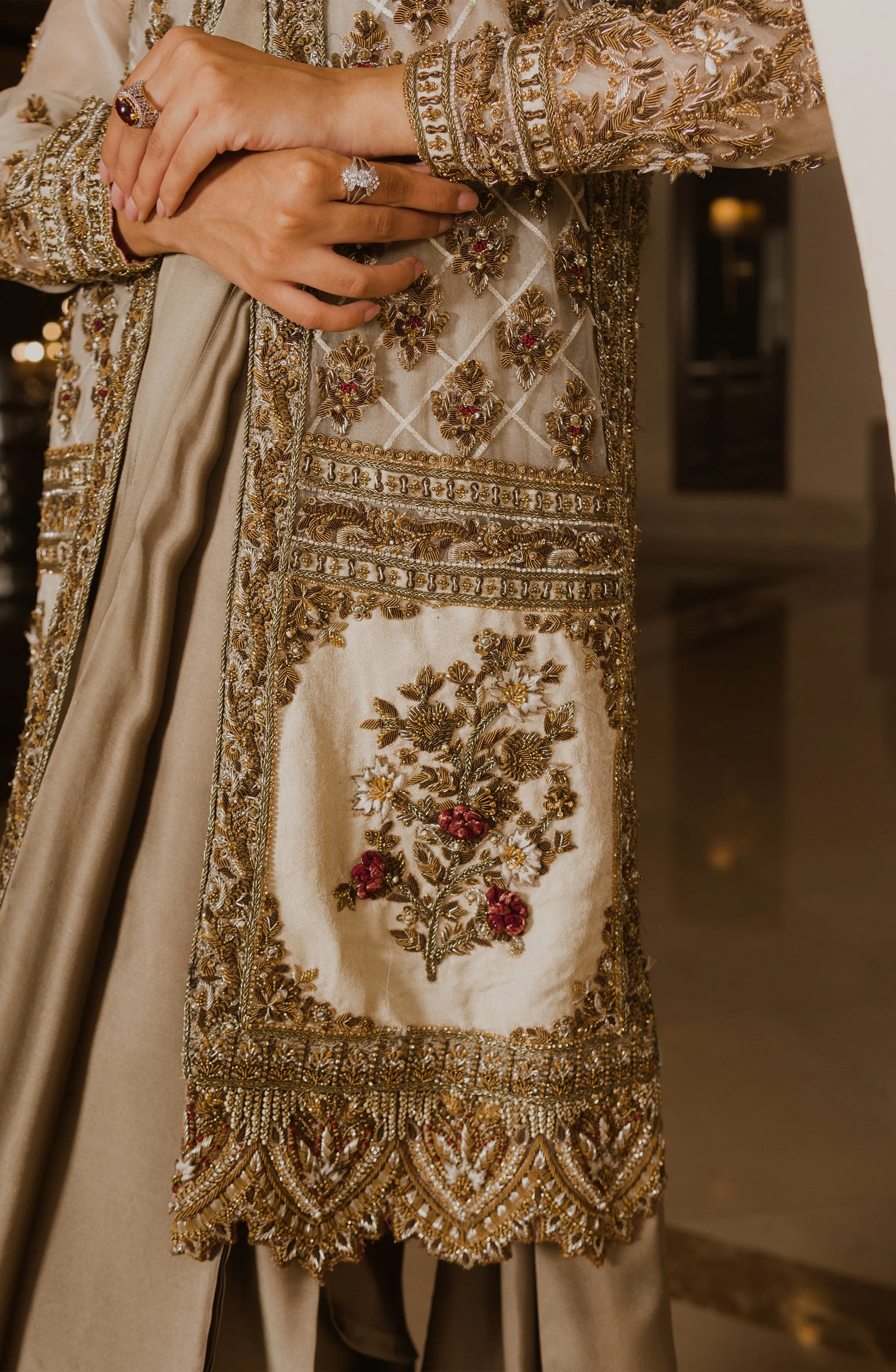 Luxus Glam – Olive Green Charmeuse Silk Saree Paired with embellished Organza Jacket