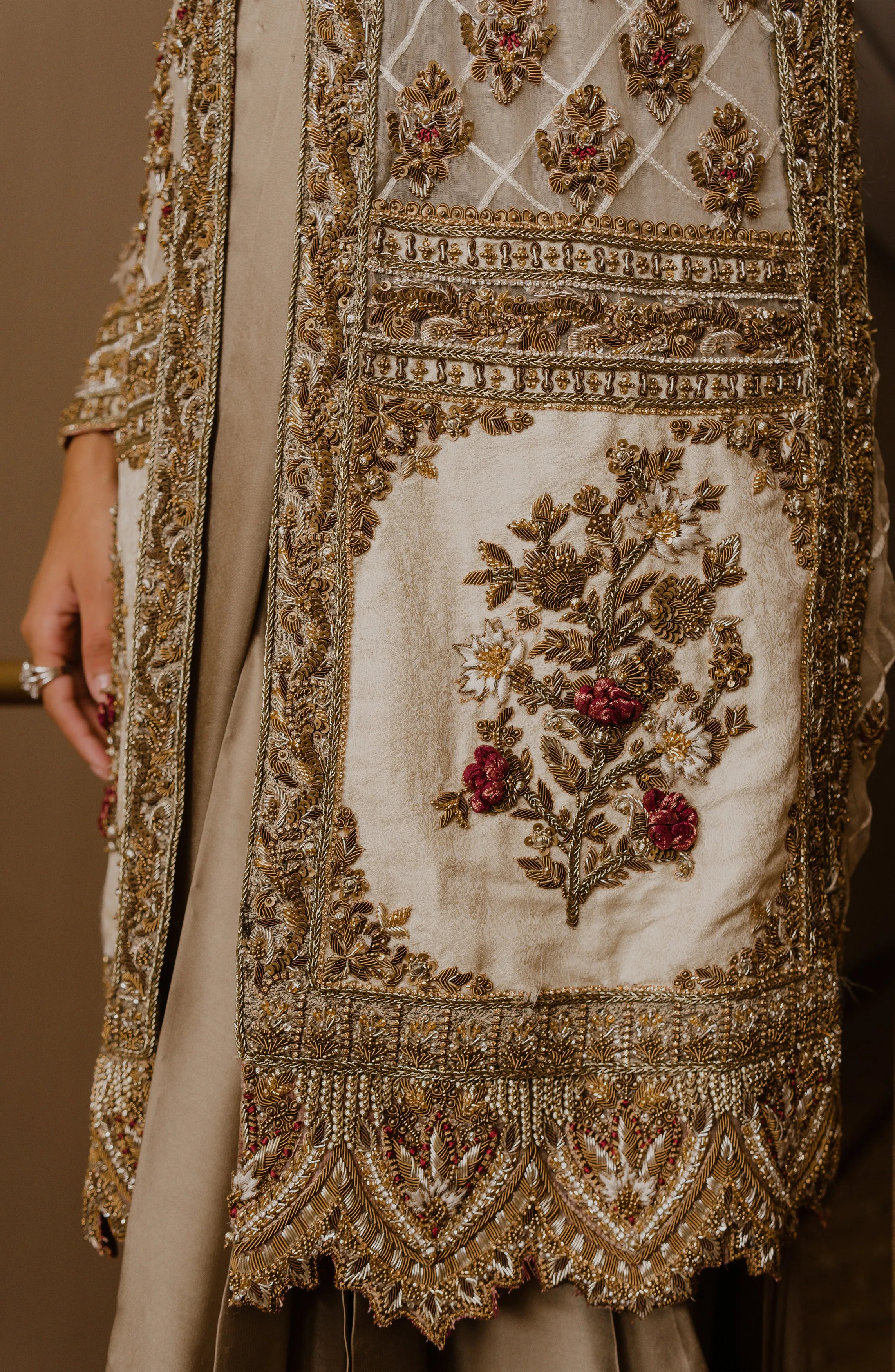 Luxus Glam – Olive Green Charmeuse Silk Saree Paired with embellished Organza Jacket