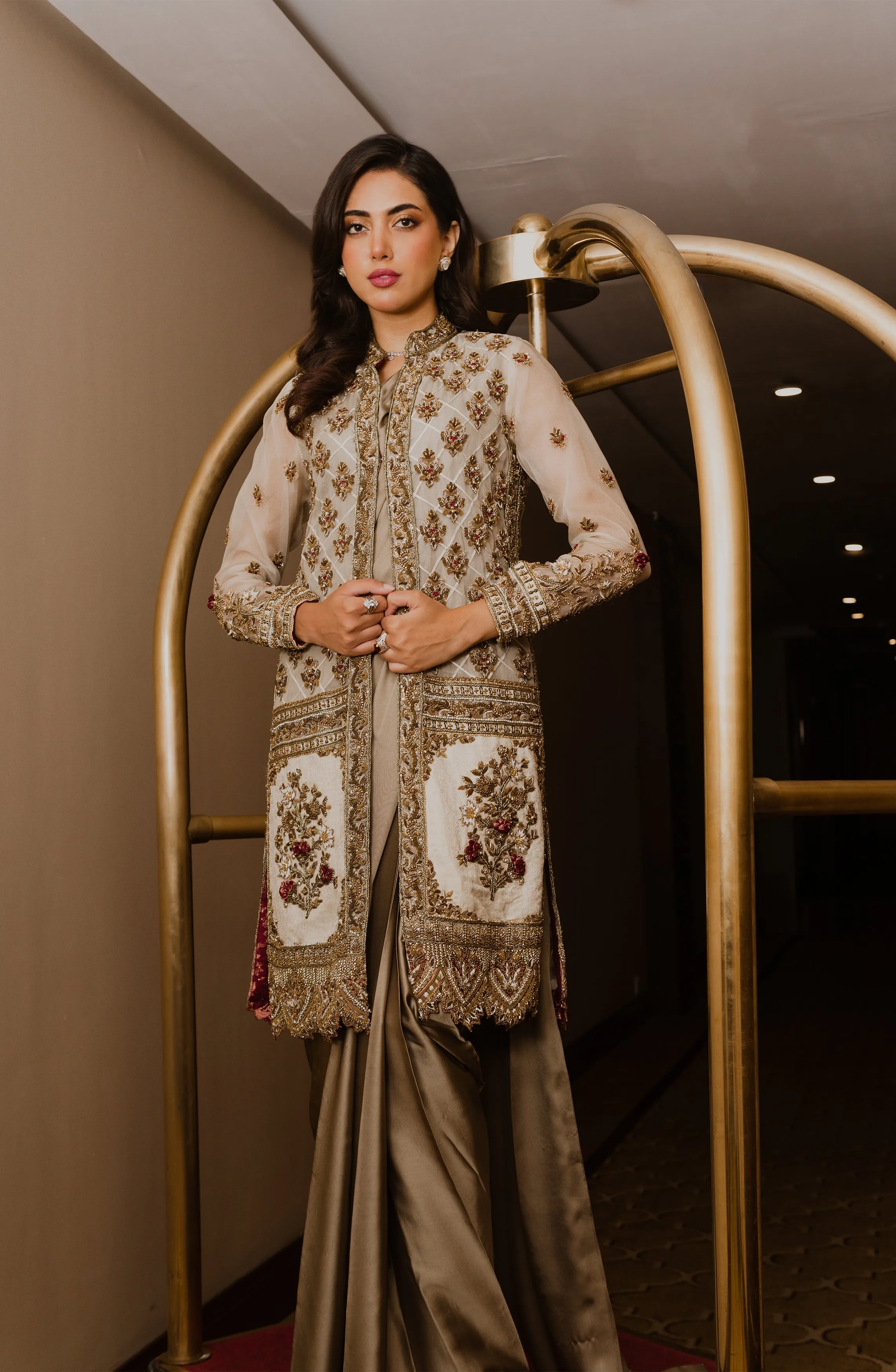 Luxus Glam – Olive Green Charmeuse Silk Saree Paired with embellished Organza Jacket