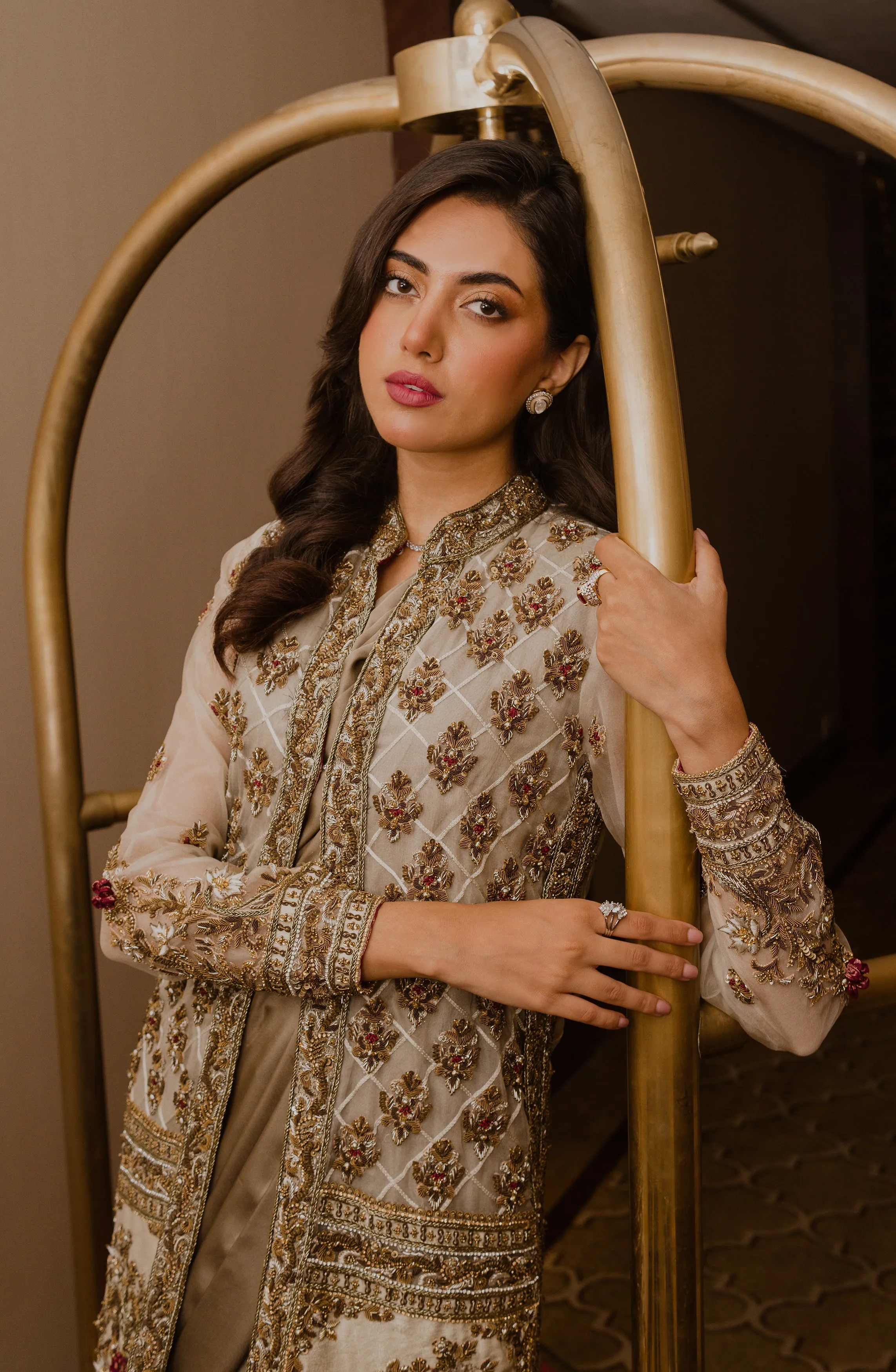 Luxus Glam – Olive Green Charmeuse Silk Saree Paired with embellished Organza Jacket