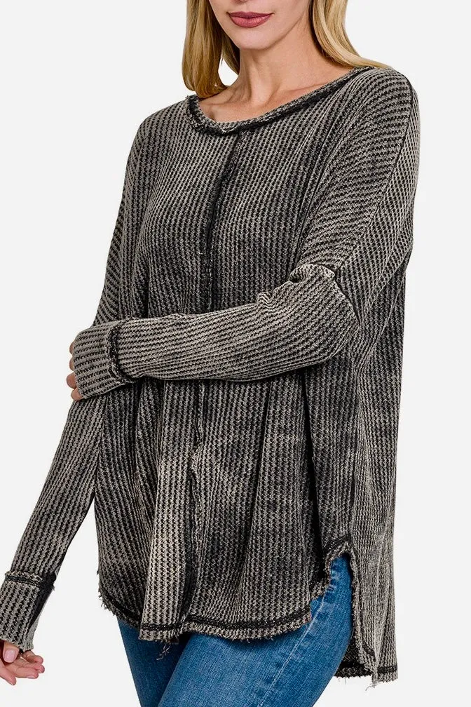 Mineral Washed Baby Waffle Long Sleeve Top- Ash Black