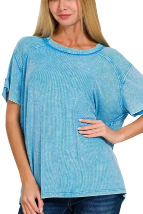 Mineral Washed Ribbed Exposed Seam Short Sleeve Top with Back Patch- Deep Sky